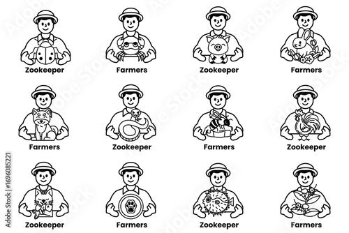A series of cartoon characters are holding animals and wearing hats
