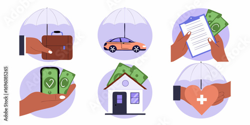 Collection of insurance icons protecting assets like a car house health and business