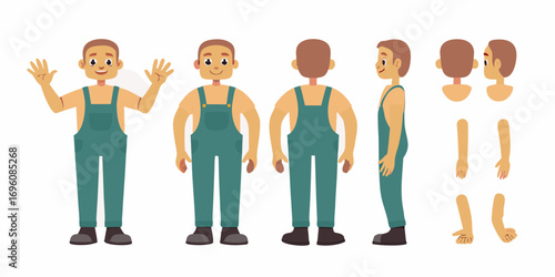 Cartoon character in teal overalls and tan shirt shown from multiple angles with separate body parts for animation
