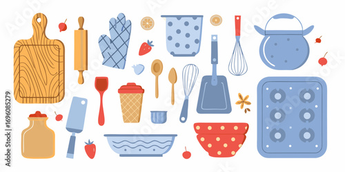 Collection of cute kitchen utensils and baking tools in a flat design style