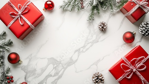 Festive Holiday Arrangement With Red Gifts and Shiny Ornaments on a Marble Ba...