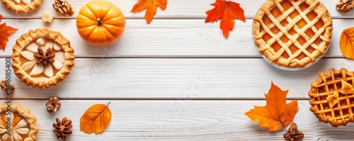 Delicious Autumn Desserts Featuring Pumpkin Pie and Colorful Leaves on a Wood...
