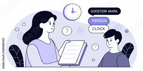 A woman is explaining something on a paper to a man with a clock and question marks in the background