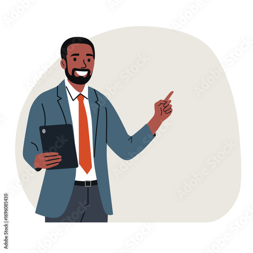   Man point up at good deal and advices use this copy space. Vector flat style cartoon illustration