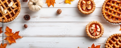 Delicious Autumn Desserts Featuring Pumpkin Pie and Colorful Leaves on a Wood...