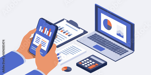 Hands holding a smartphone with financial charts and graphs near a laptop and calculator