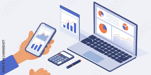 Hand holding smartphone with financial charts near laptop calculator and pen on desk
