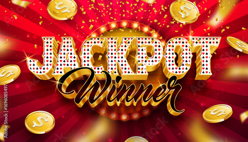 Casino Royal Illustration with 3d Poker Card Symbol Pattern Text Label, Light Bulb Billboard and Gold Coin on Red Background. Vector Luxury Gambling Design with Falling Confetti for Flyer, Invitation