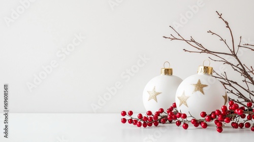 Decorative White Ornaments With Gold Stars and Red Berries for Festive Winter...
