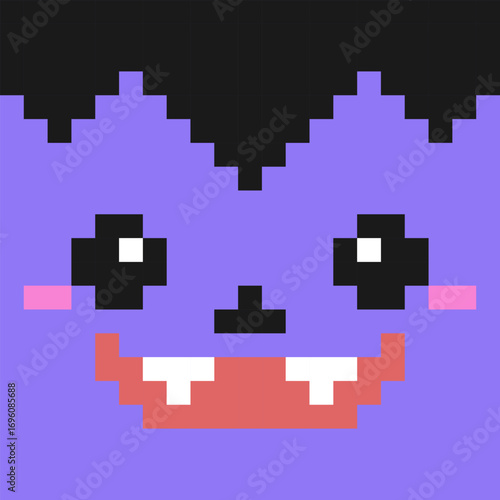 Fun and nostalgic pixel art character featuring a friendly vampire face. Ideal for retro gaming, 8-bit graphics, and minimalist Halloween designs for kids.
