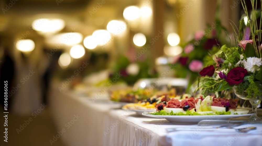 Fototapeta premium Elegant buffet setup at a formal event with fresh fruits, sushi cuisine, floral centerpieces featuring roses,