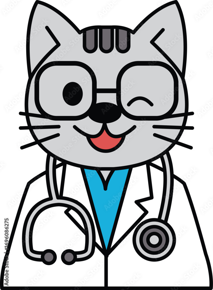 Obraz premium A cartoon cat wearing a white lab coat and glasses is smiling