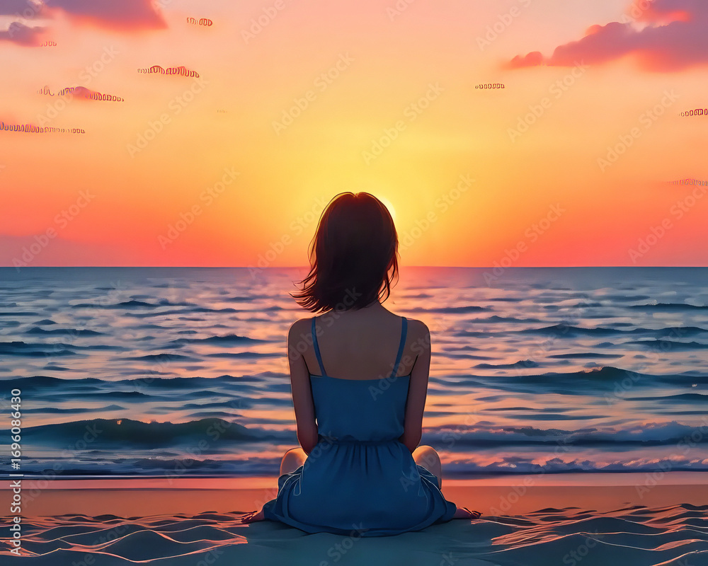Fototapeta premium Woman sitting at beach during sunset Back view of a woman in a blue dress sitting on the sand, watching a calm ocean and orange sunset sky.