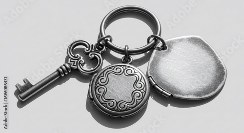 Antique Silver Keyring with Ornate Locket and Blank Tag in Monochrome