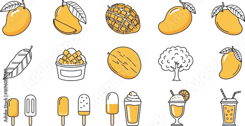 Vibrant mango collection offers fresh fruit, popsicles, and refreshing drinks for summer designs