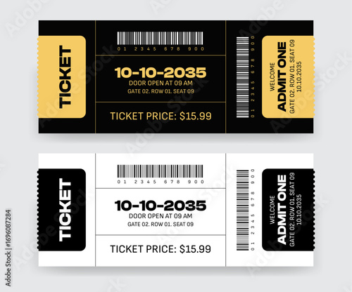 Ticket for event or program access, admit one ticket isolated on transparent background, Simple tickets. Black and White