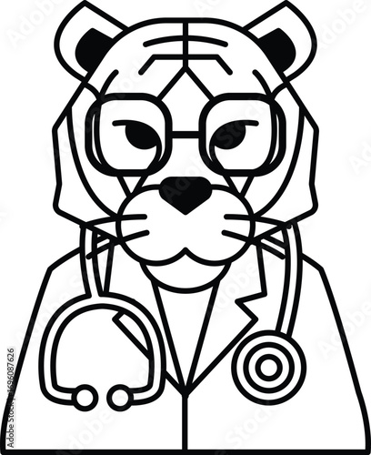 A cartoon tiger wearing a lab coat and glasses is a doctor