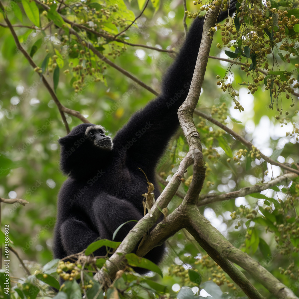 Naklejka premium Black hainan gibbon animal on a tree