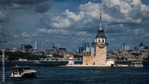 A yacht approaching the Maiden's Tower and Istanbul.