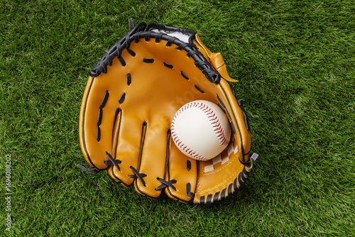 baseball glove with ball on grass field