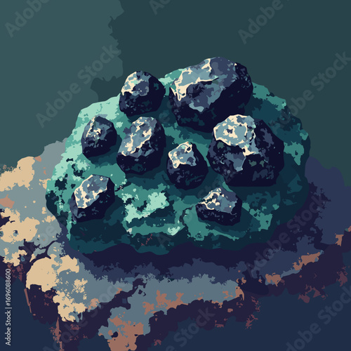 Chromite rough nodules in serpentinite, metallic black with green host rock, palette: jet black, serpentine green, slate, rust