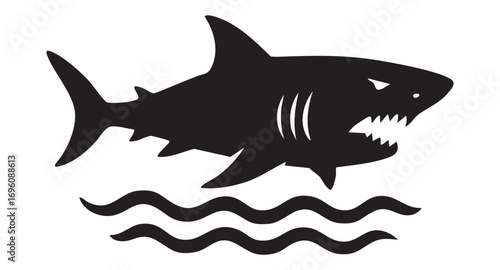 Stylized black-and-white illustration of a shark with its mouth open, revealing sharp teeth.	