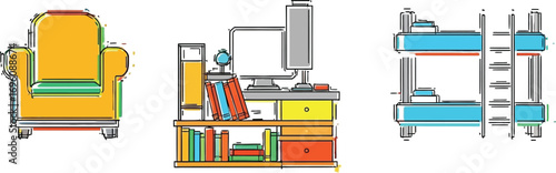 Modern student room illustration featuring a yellow armchair, desk with computer, and blue bunkbeds