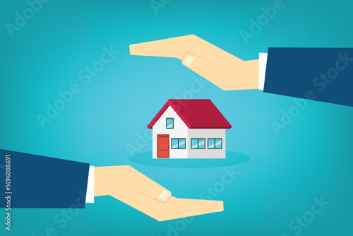 House with a protective hands. For security concepts, protection of private property. Insurance, mortgage, credit.	