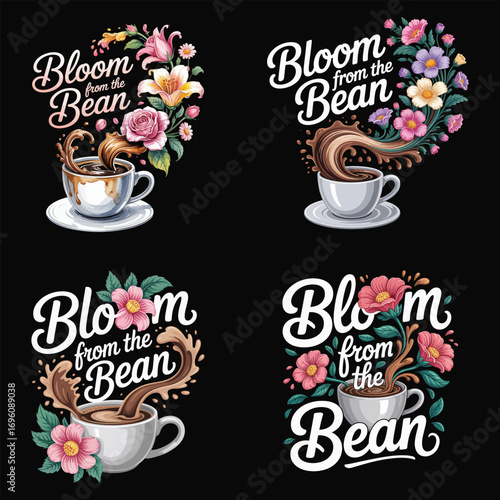 Coffee cup with splashing liquid and floral accents