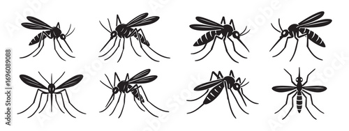 silhouette images of mosquitoes. The design is minimalistic and identical for all four mosquitoes.