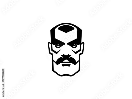 Bold stylized head with mustache and stern gaze, strong graphic icon for impact and identity.