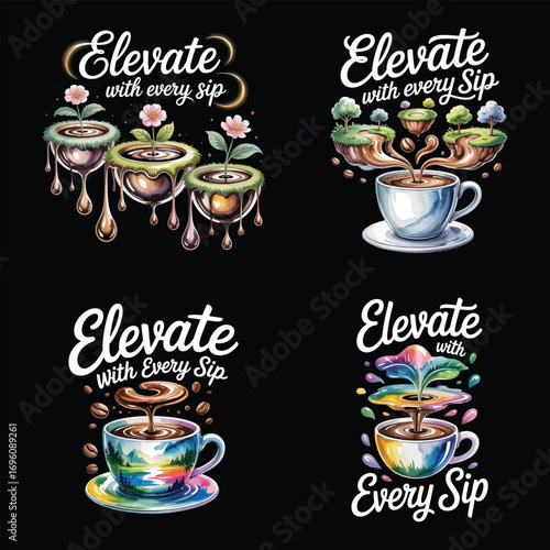 Coffee cup with floating islands and flowers trees