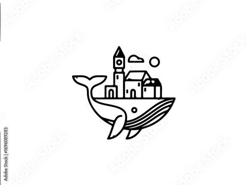 Whimsical whale carries charming village across ocean waves, evoking dreams of adventure and escape.
