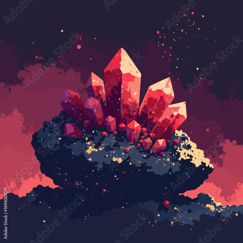 Cinnabar vermilion crystals in black host rock, mercury ore flare, palette: cinnabar red, pitch black, gold fleck, cream