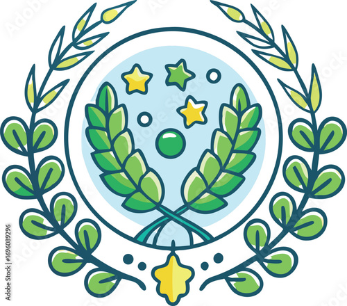 Badge style icon with coriander wreath surrounding peas and spinach, modern vector.