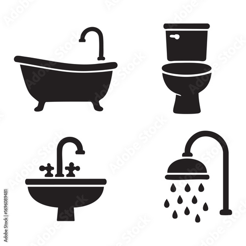 A set of icons representing plumbing fixtures and bathroom elements. All icons are rendered in black and white silhouette style.