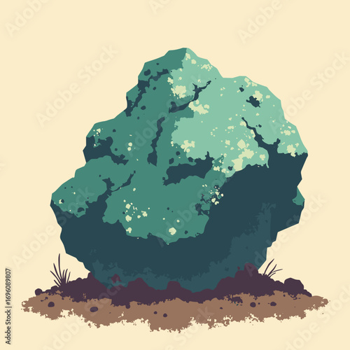 Nickel garnierite green botryoidal ore with tropical soil context, palette: nickel green, soil brown, lime, cream