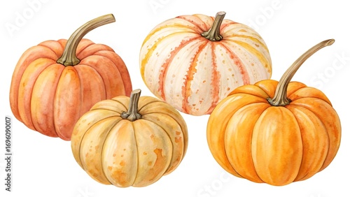Four assorted pumpkins and gourds in watercolor style, isolated on white background