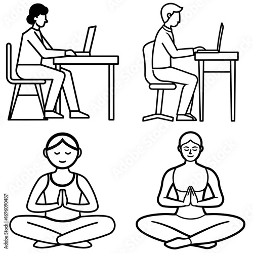 Work life balance illustration: remote work, office work, meditation and yoga for stress relief and wellness