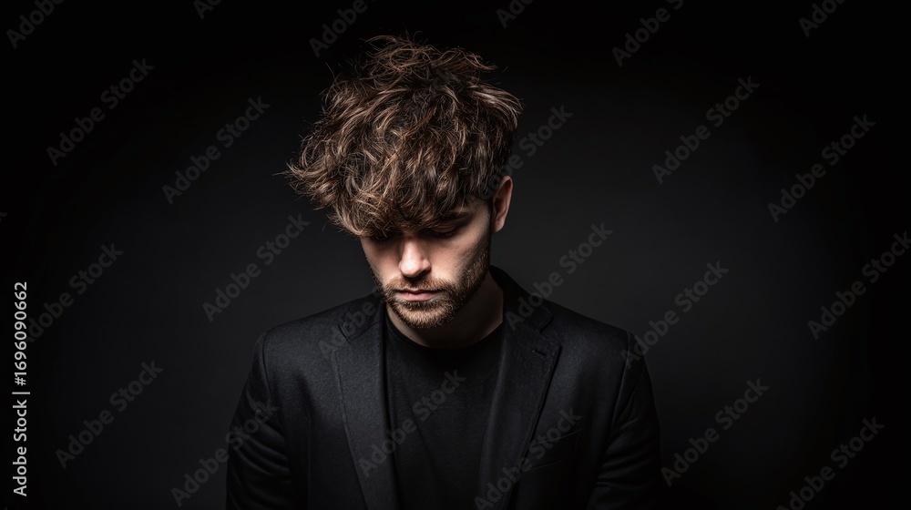 Fototapeta premium Portrait of a young man with curly hair against a dark background. He is wearing a dark shirt and jacket. Moody and introspective, lost in thought.