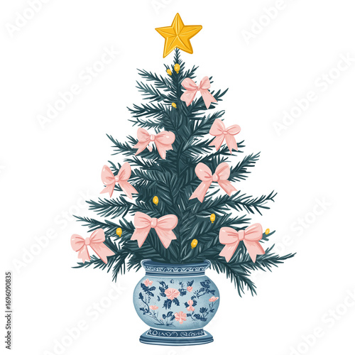 Pastel Christmas tree vector with yellow star and pink bows isolated background