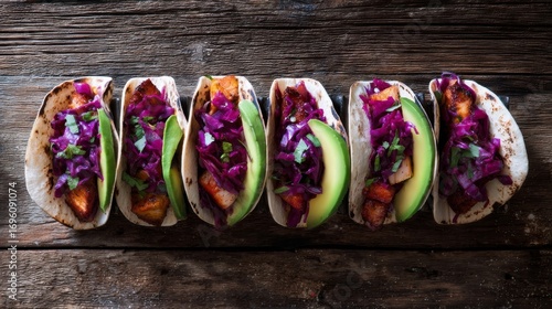 Six flavorful tacos with seasoned meat, purple cabbage, green avocado, and fresh cilantro on warm tortillas,