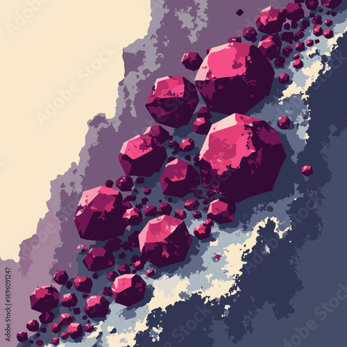 Garnet almandine deep-red dodecahedrons embedded in schist, palette: garnet red, schist gray, mica silver, cream