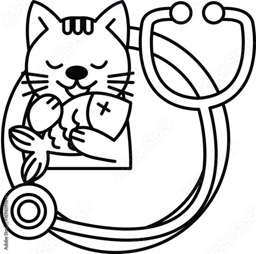 A cartoon cat is holding a fish in its mouth and is resting on a stethoscope