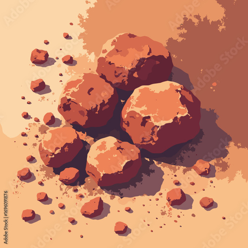 Bauxite red-earth nodules and pisolites ready for refining, palette: terra cotta, sunbaked beige, ochre, umber