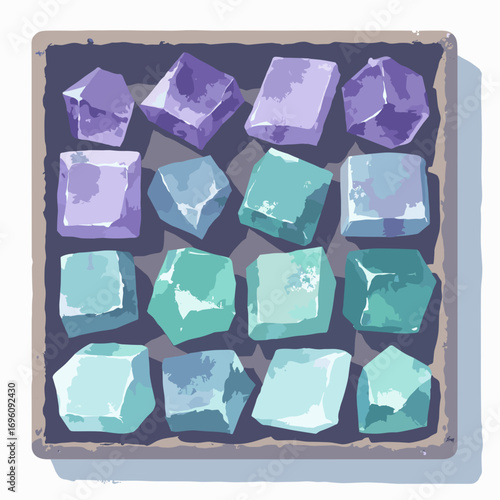 Fluorite cubic color-zoned blocks in a collector tray, palette: lilac, mint, seafoam, gray