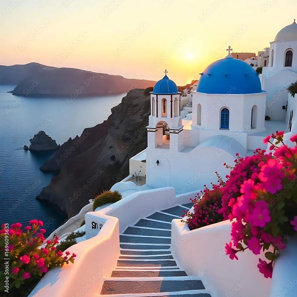 Fototapeta premium Staircase leading to a santorini sunset high resolution image