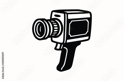 Retro Style Super 8 Camera Graphic Illustration Depicting Vintage Filmmaking Technology in Black and White Monochrome Imagery
