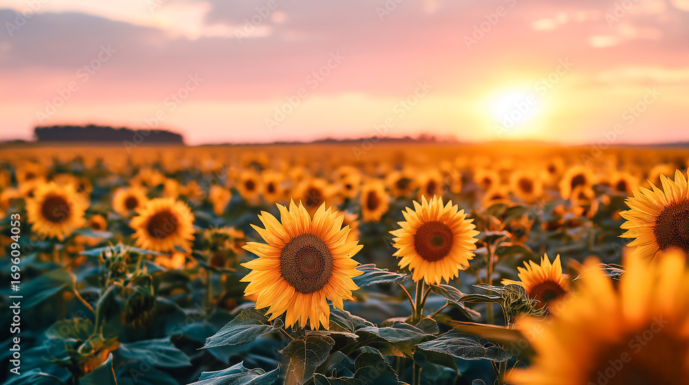 Fototapeta premium A breathtaking view of a vibrant sunflower field under a dramatic, colorful sky at sunset. The image radiates warmth, joy, and the beauty of nature's bounty.
