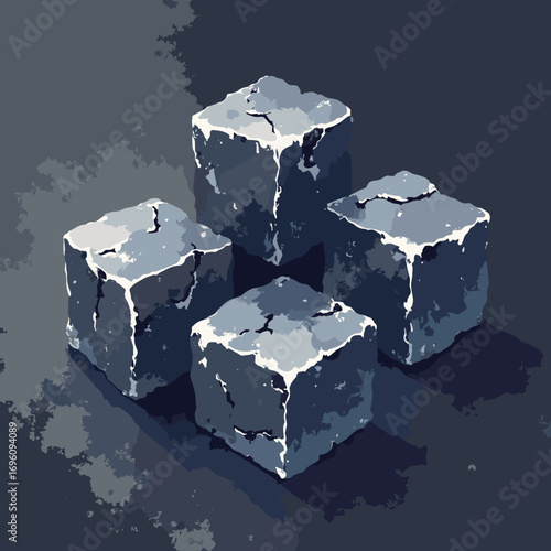 Lead galena cubes with cubic cleavage and reflective faces, palette: metallic pewter, deep gray, coal, silver edge